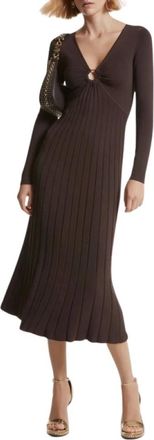 Michael Kors Kleedjes, Dames, Bruin, L, Polyester, Geribbelde Stretch Knit Ring Midi Jurk