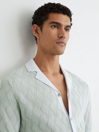 Reiss Soft Sage Wave-knit Cuban-collar Shirt, 2XL