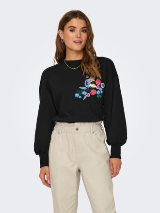 Only Sweatshirt ONLY ONLBROOKE L/S O-NECK FLOWER SWT, Damen, Gr. XS, schwarz (schwarz print:flower chest), Sweatware, Obermaterial: 60% Baumwolle, 40% Poly