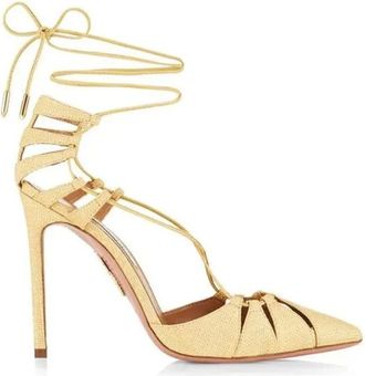 Aquazzura Schoenen, Dames, Geel, 37 1/2 EU, Leer, Tweekleurige Raffia Stiletto Hak Sandalen