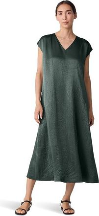 Eileen Fisher Textured Satin V-neck Dress Womens Dress Everglade : LG
