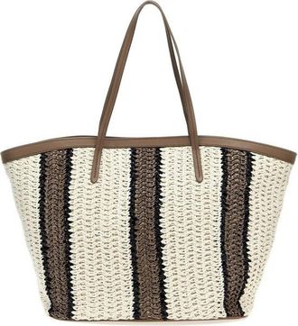 Brunello Cucinelli White Beige Striped Woven Tote Bag