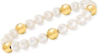 Ross-Simons 7-7.5mm Cultured Pearl and 8mm 14kt Yellow Gold Bead Stretch Bracelet