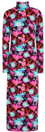 8 by YOOX VISCOSE HIGH-NECK PRINTED MIDI DRESS W/ RUCHED SIDE SEAM