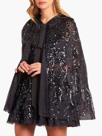 Needle & Thread Sequin Ribbon Hooded Cape in Graphite at Nordstrom, Size Small