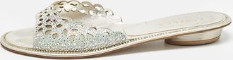 Le Silla Silver Crystal Embellished Textured Suede Flat Slides