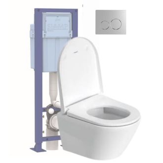 Duravit Pack Inodoro Suspendido Compacto Duravit D-neo Sin Borde Con Asiento Antica&iacute;da + Estructura Soporte Siamp + Mando Cromado