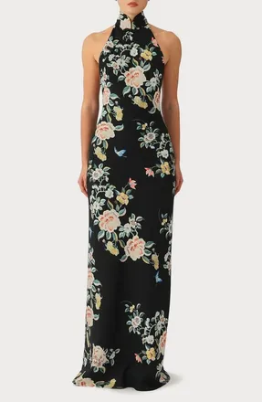 Sau Lee Georgia Floral Halter Gown in Black at Nordstrom, Size 14