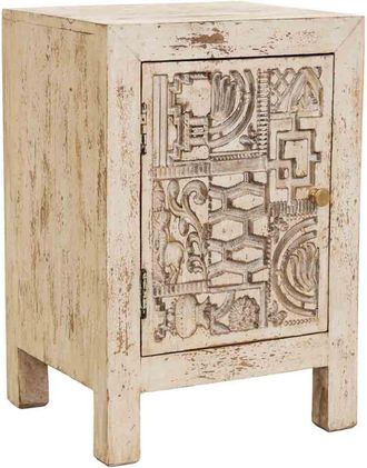 Wanderlust Deco Mesita de noche de madera tallada artesanal beige 40x35x60h cm