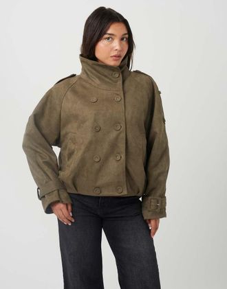 Brave Soul giacca doppiopetto in camoscio sintetico color khaki-Verde