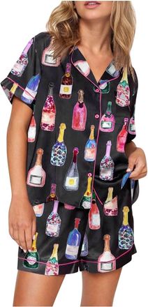 Generic Womens Champagne Bottle Wine Can Print Sets Silk Satin 2 Piece Sets Short Sleeve Shirts Shorts Sets Paris Jogging Suit, black, S