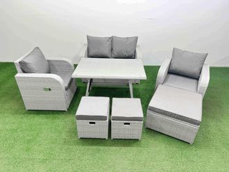 Fimous PE Wicker Rattan Garden Furniture Set Reclining Chairs Love Sofa in Light Grey