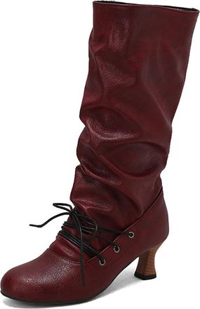 Generic Womens Vintage Style Knee-High Boots Side Zip Faux Leather Slouchy Design Lace-Up Front with Kitten Heel Elegant Evening Footwear,Burgundy,4.5 UK
