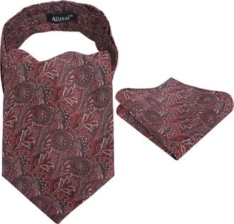 Alizeal Mens Cravat Tie Set Ascot Retro Floral for Banquet Party Tie and Pocket Square Set, Burgundy