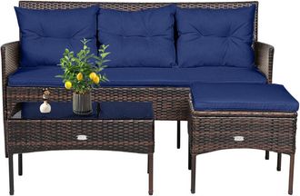 Costway 3 PCS Patio Conversation Set, Outdoor PE Rattan Furniture Set Navy