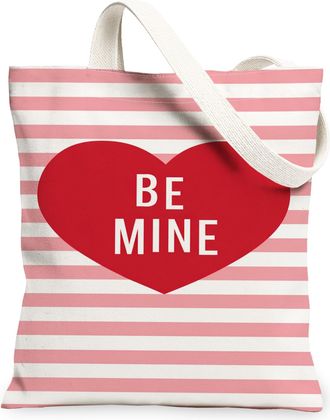Generic ValentineS Heart Canvas Tote Bags, Stylish Striped Pattern Reusable Grocery Bags, Lightweight Washable Shoulder Strap Canv, Peach, 13x15 Inch