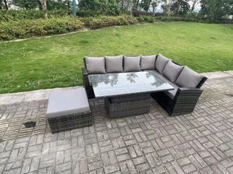 Fimous 7 Seater Rattan High Back Adjustable Rising Lifting Dining Table Corner Sofa Set Garden Furniture Right Hand in Dark Grey