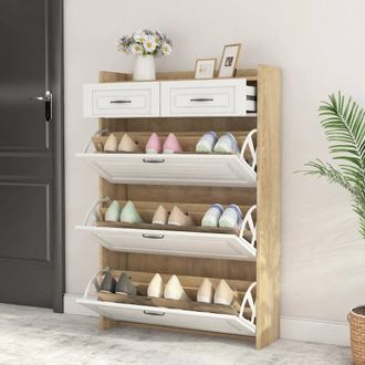 Matteo White Narrow Wooden Shoe Storage Cabinet with Adjustable Flip Doors