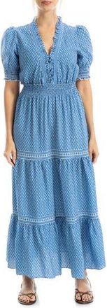 Max Studio Floral Short Sleeve Tiered Maxi Dress in Cream/Blue at Nordstrom Rack, Size X-Small