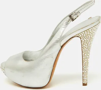 Loriblu Metallic Silver Leather Crystal Embellished Slingback Platform Pumps