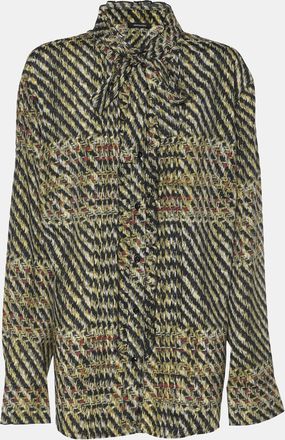 Elena Miro Multicolor Tweed Print Crepe Pintuck Neck Tie Shirt