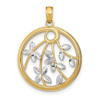 Diamond2Deal 14k Yellow Gold and White Rhodium Leaves in Round Frame Charm Pendant