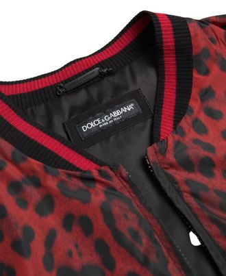 Dolce & Gabbana Mens Red Leopard Bomber Short Coat Jacket Nylon