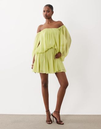 Asos Vestito corto stile blusone color chartreuse con maniche divise e gonna a godet voluminosa-Giallo