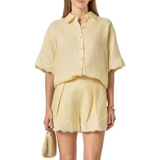 English Factory Embroidered Lace Linen Blend Shirt in Butter Yellow at Nordstrom, Size Medium