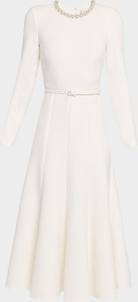 Roland Mouret Crystal-Neck Belted Long-Sleeve Midi Dress