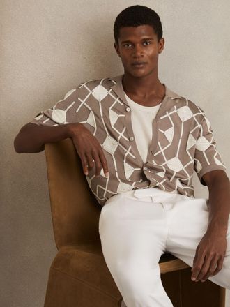 Reiss Taupe Brown Geometric Embroidery Knit Shirt, S