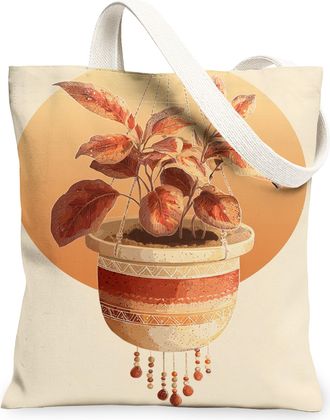 Generic Bohemian Plant Canvas Tote Bag, Vintage Floral Pattern Reusable Grocery Bags, Lightweight Washable Shoulder Strap Tote for, Beige, 13x15 Inch