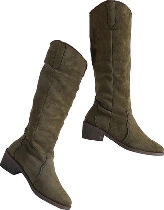 Generic Womens Stretch High Boots Round Toe Thick Heel Patchwork Design Long Boots
