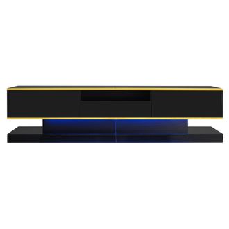 STILVORA Mueble De Tv Con 3 Cajones Y 1 Hueco Abierto Y Led, Acabado Brillo, Estilo Moderno, 180&times;38&times;45 Cm, En Tablero, Negro Oro