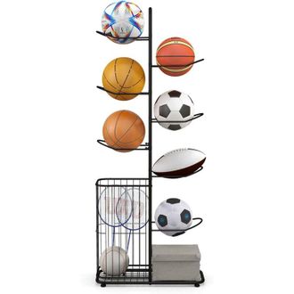 Costway Costway - Estante Para Pelotas De 7 Niveles, Soporte De Baloncesto Met&aacute;lico Con 7 Barras Colgantes Desmontables Y Cesta Lateral Para Pelotas, Organiza
