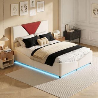 OEM Cama Lit 140x190 Cm - Pocketpop - Terciopelo Blanco Roto - Iluminaci&oacute;n Led - Almacenamiento Hidr&aacute;ulico - 2 Plazas