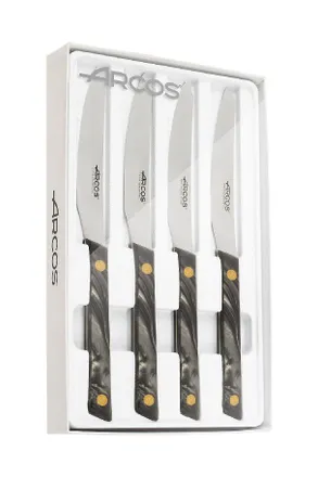 Arcos Conjunto De 4 Cuchillos De Mesa Arcos Serie Flysch Para Carnes. Cuchillos Chuleteros Con Hoja Serrada De Acero Inoxidable Nitrum De 110 Mm. Mango Poli