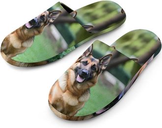 Generic German Shepherd In Garden Cotton Slippers for Men Memory Foam House Slippers Soft Anti-skid Sole Indoor Outdoor Shoes