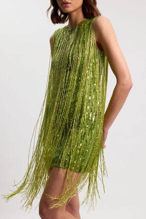 Karen Millen Womens Beaded Fringed Sleeveless Woven Midi Dress - Lime Green - Size 12 UK