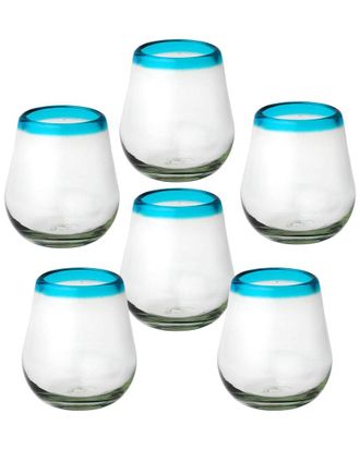 10 Strawberry Street Set Of 6 Aqua Rim Stemless Wine Handblown Mexican Glasses