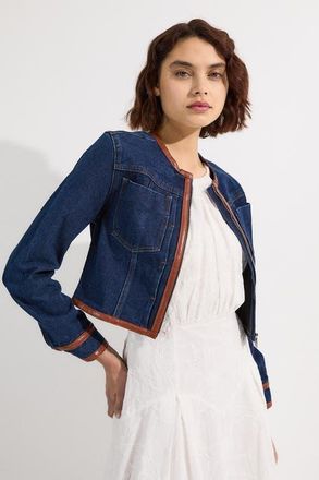 Karen Millen Denim & Leather Collarless Jacket in Dark Wash at Nordstrom, Size 12