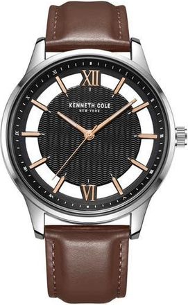 Kenneth Cole Quartz Leather Strap Watch, 45mm in Black/Brown at Nordstrom Rack
