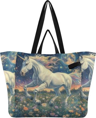 Generic Flowers Moon Blue pattern Reusable Canvas Tote Bag, Heavy Duty Grocery Shopping Bag with Large Capacity Double Handles Hard Bottom Work Groceries Trav