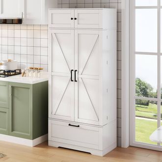 Merax White Tall Kitchen Pantry Storage Cabinet with Wine Rack & Shelves
