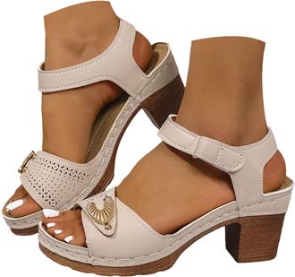 Generic Womens Low Block Heel Sandals 2026 Dressy Open Toe Hollow Out Wedge Shoes with Fan Metal Ornament & Adjustable Ankle Strap Summer Beach Walking Shoes 