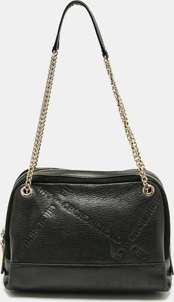 Carolina Herrera Black Leather And Suede Embossed Logo Shoulder Bag