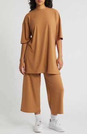 Dressed in Lala Lex Rib Oversize T-Shirt & High Waist Crop Pants in Suntan at Nordstrom, Size Xx-Large