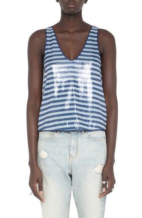 Zadig&Voltaire Tarys Sequin Stripe Sleeveless Tank in Sky at Nordstrom, Size X-Small