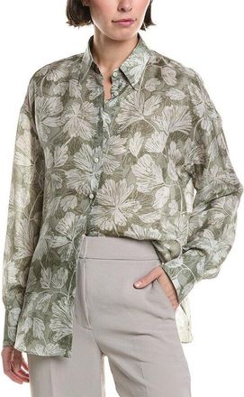 Brunello Cucinelli Green Silk Floral Blouse, Size X-Small