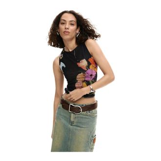 Desigual Sleeveless Tops, female, Black, Size: XS Sleeveless Floral Round Neck Top
